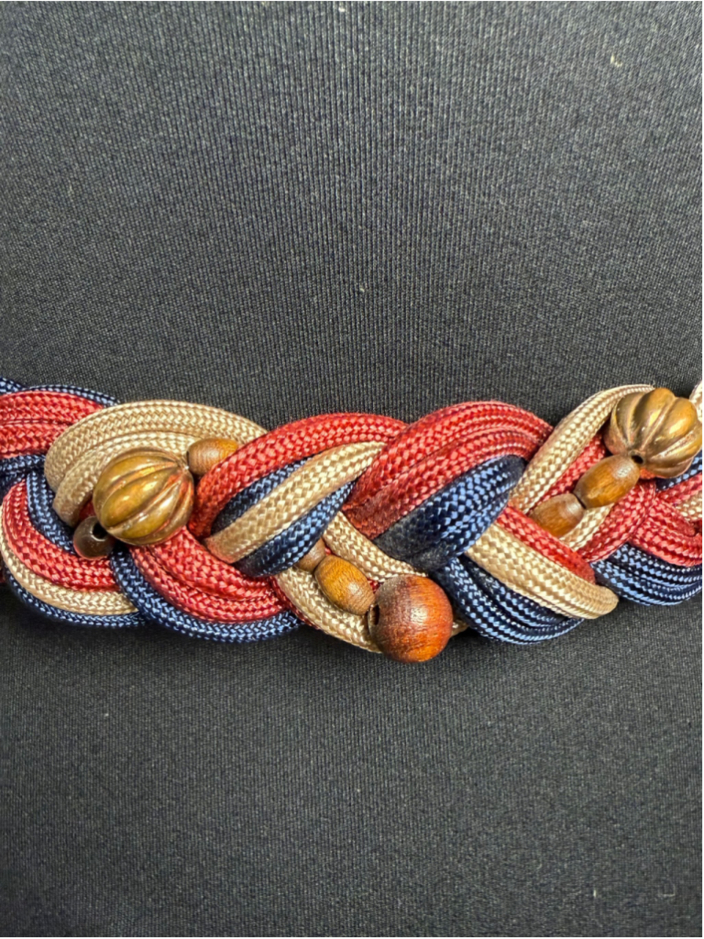 Vintage 1980s Nautical Braided Rope Belt | Red Navy Tan | Wood Bead L to XL